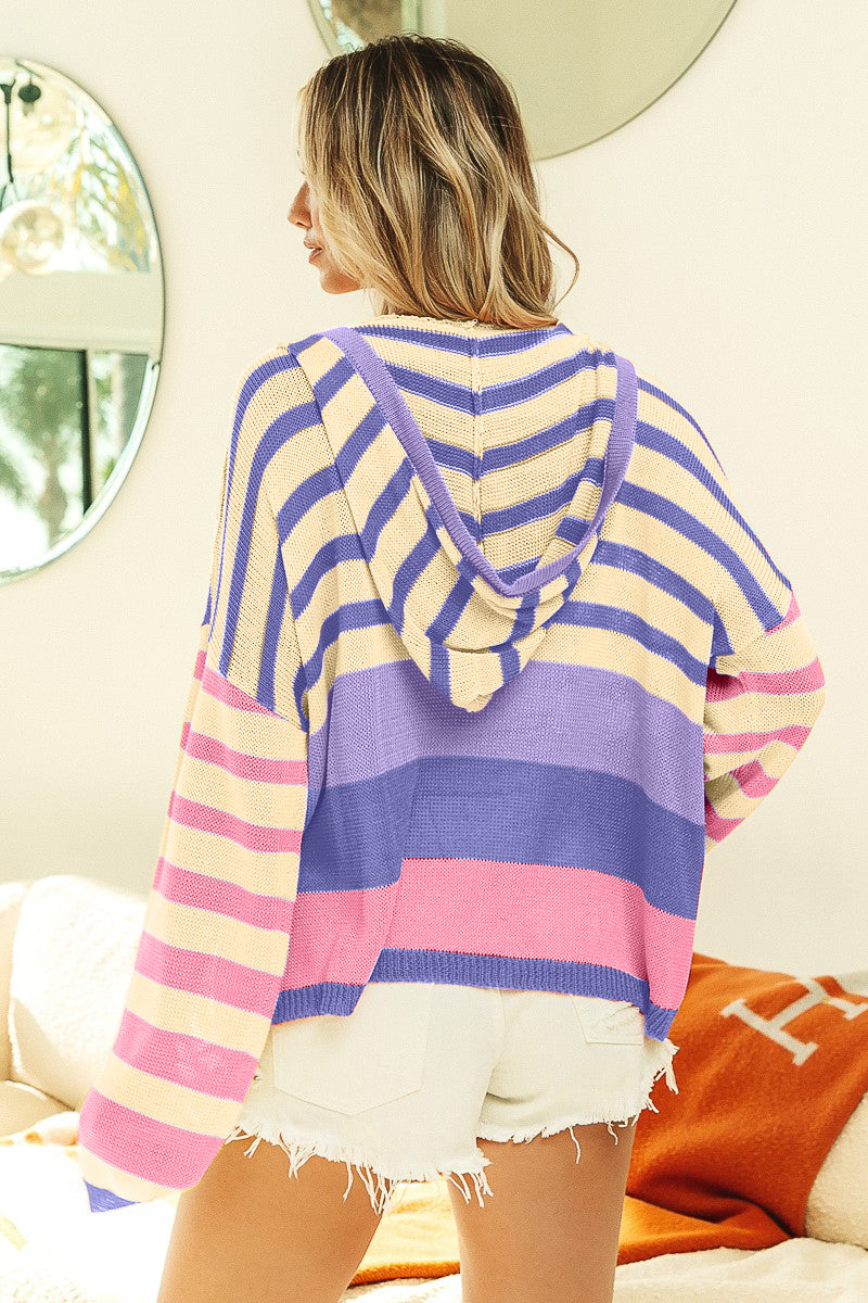 BiBi Striped Color Block  Hooded Knit Top