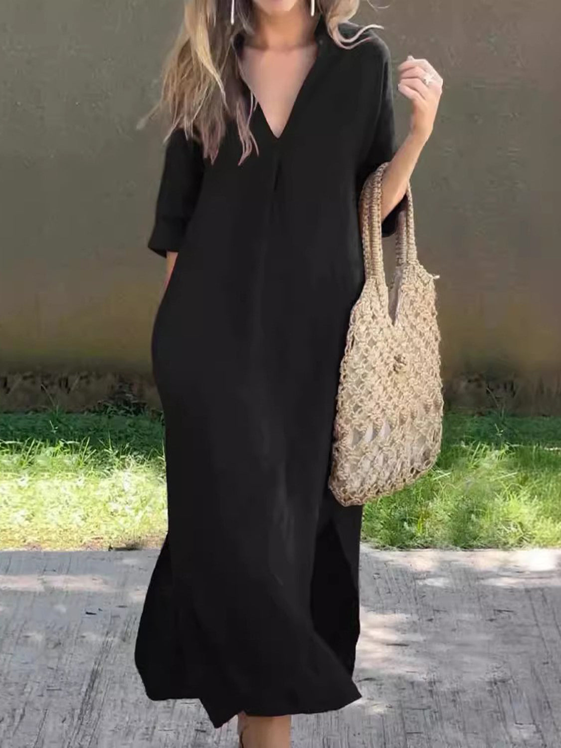 Full Size Notched Half Sleeve Midi Dress