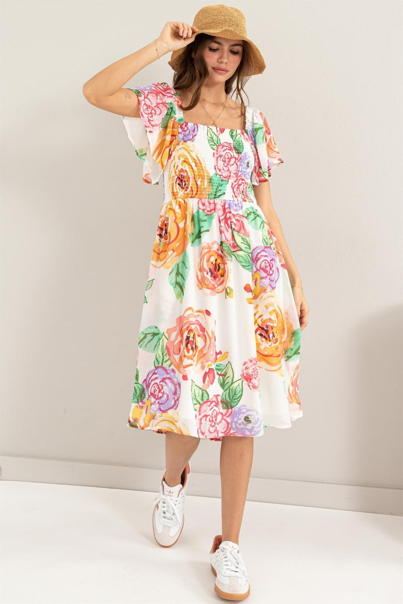 HYFVE Floral Flutter Sleeve Smocked Dress