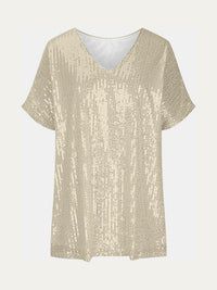 Full Size Sequin V-Neck Short Sleeve Top