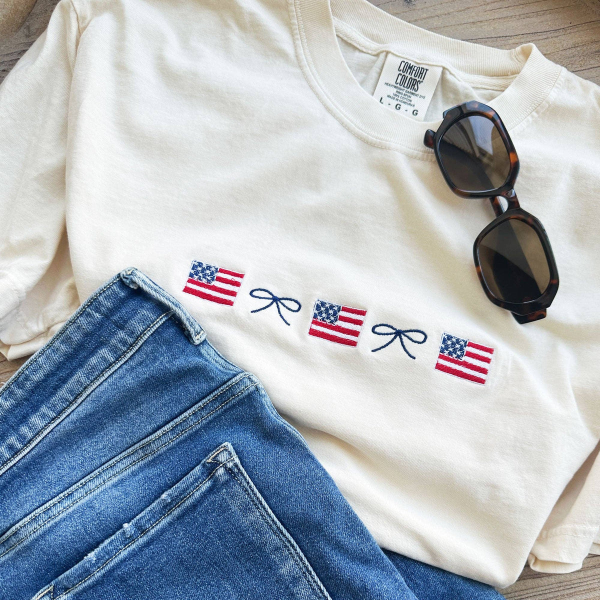 American Flag and Dainty Bow Embroidered Comfort Colors T-Shirt