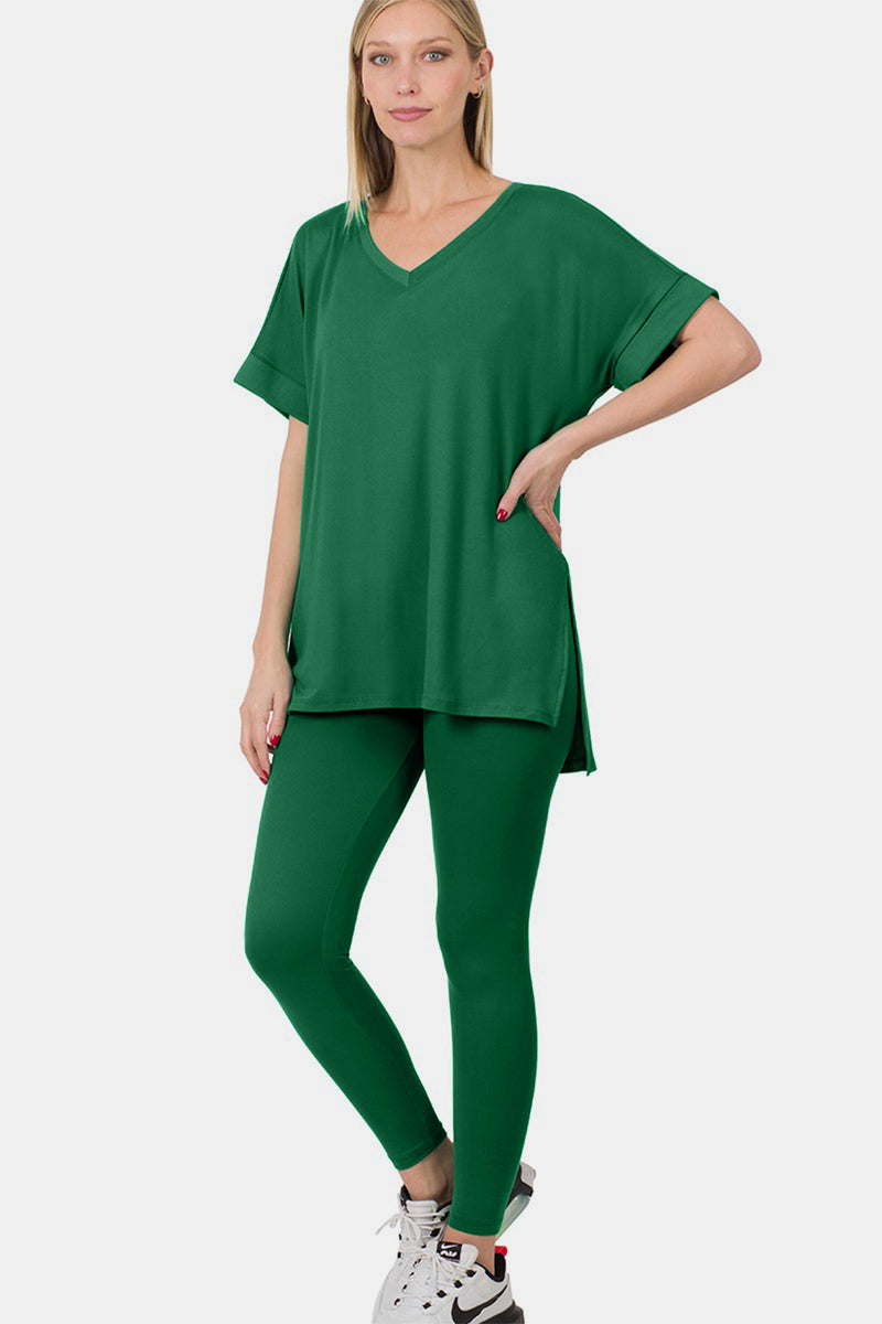 Zenana V-Neck Rolled Short Sleeve T-Shirt and Leggings Lounge Set