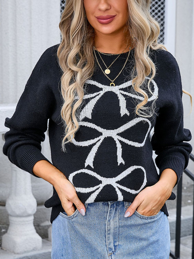 Bow Graphic Round Neck Long Sleeve Sweater