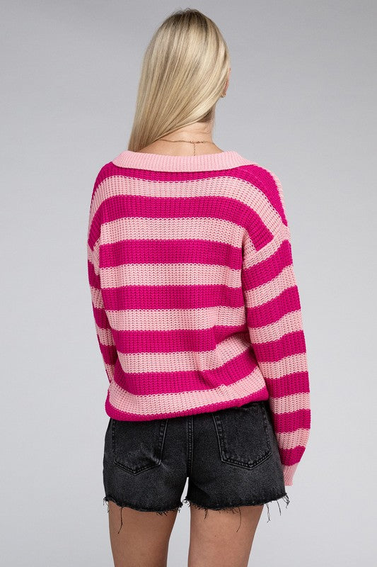 Striped Knit Collared Pullover Sweater