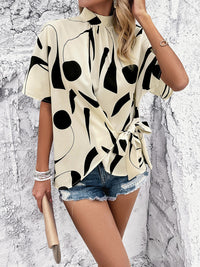 Tied Printed Mock Neck Half Sleeve Blouse