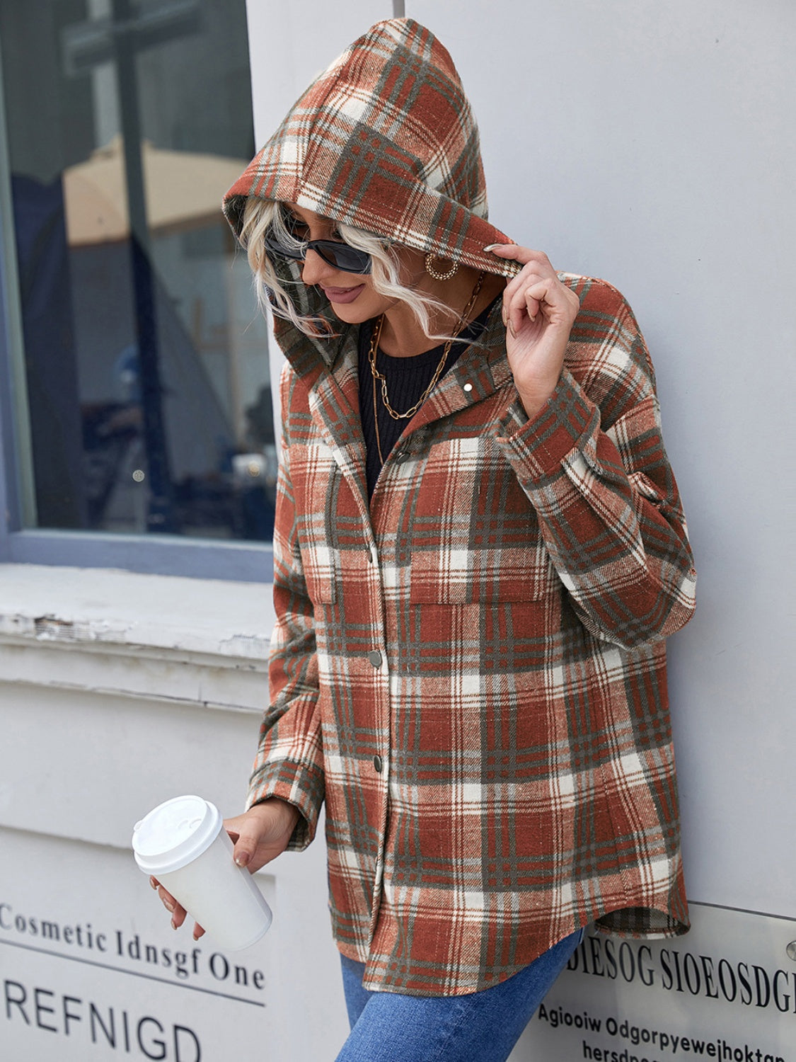 Plaid Button Up Long Sleeve Hooded Jacket