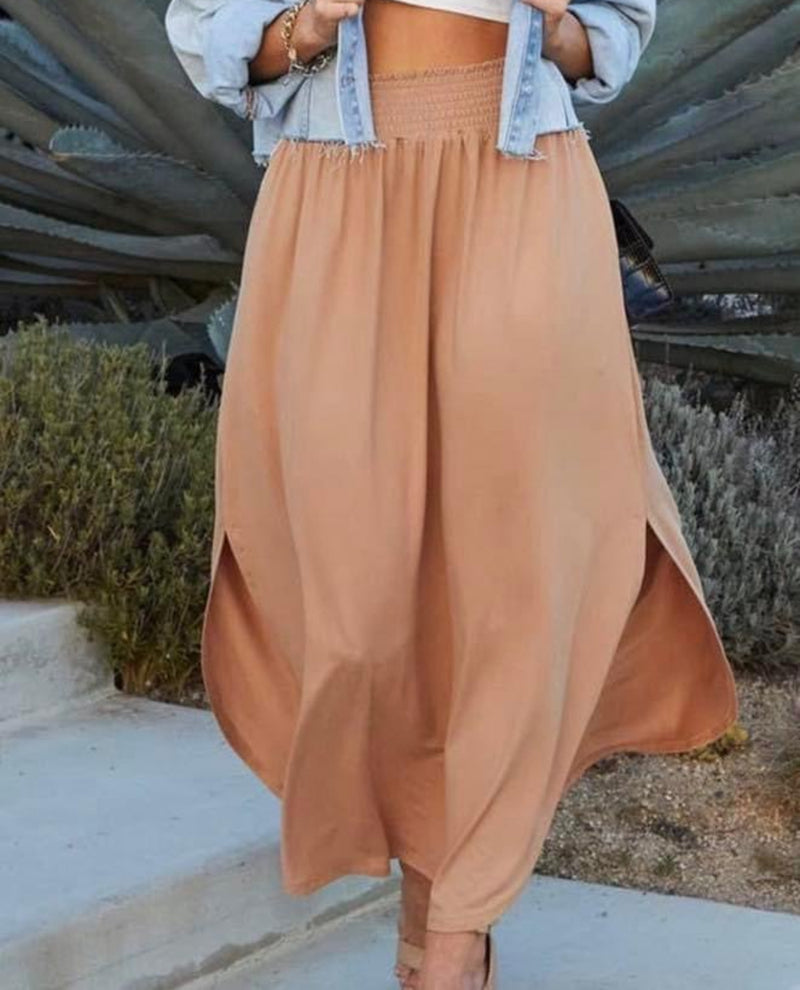 Smocked Waist Maxi Skirt with Side Slits