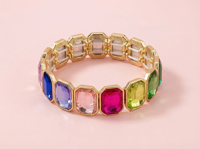 The Erin-Enamel Stretch Bracelet - Octagon Rainbow Stones