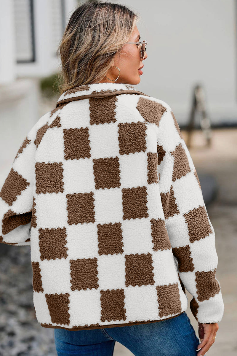 Checkered Snap Down Long Sleeve Teddy Jacket