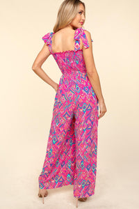 Haptics Printed Smocked Sleeveless Jumpsuit