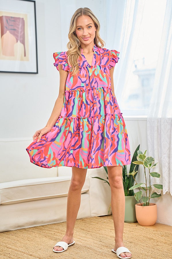 First Love Full Size Printed Ruffle Cap Sleeve Tiered Dress