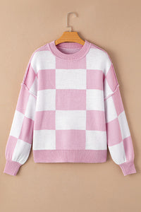 Checkered Exposed Seam Drooped Shoulder Sweater