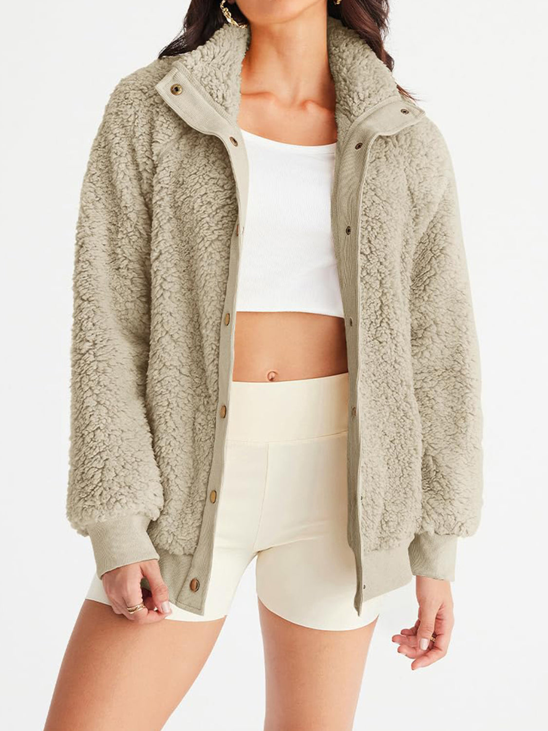 Full Size Teddy Snap Down Long Sleeve Jacket