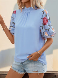 Embroidered Mock Neck Puff Sleeve Blouse