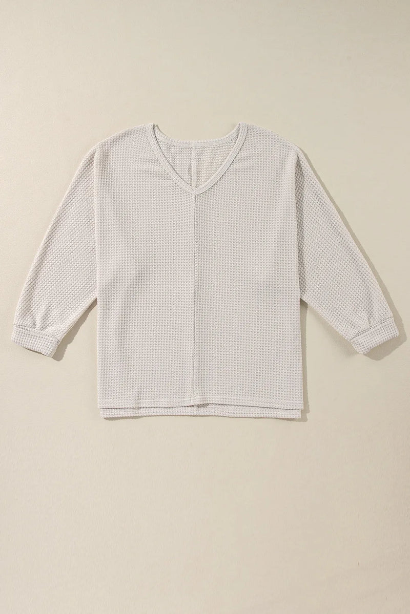 Waffle-Knit Slit V-Neck Long Sleeve Blouse