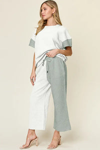 Double Take Full Size Texture Contrast T-Shirt and Wide Leg Pants Set