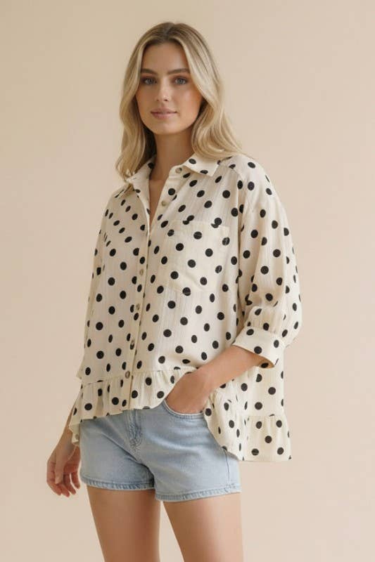 Collared Button Down Peplum Polka Dot Print