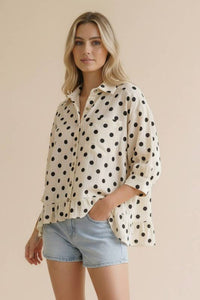 Collared Button Down Peplum Polka Dot Print