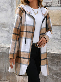 Drawstring Plaid Zip Up Long Sleeve Hooded Outerwear