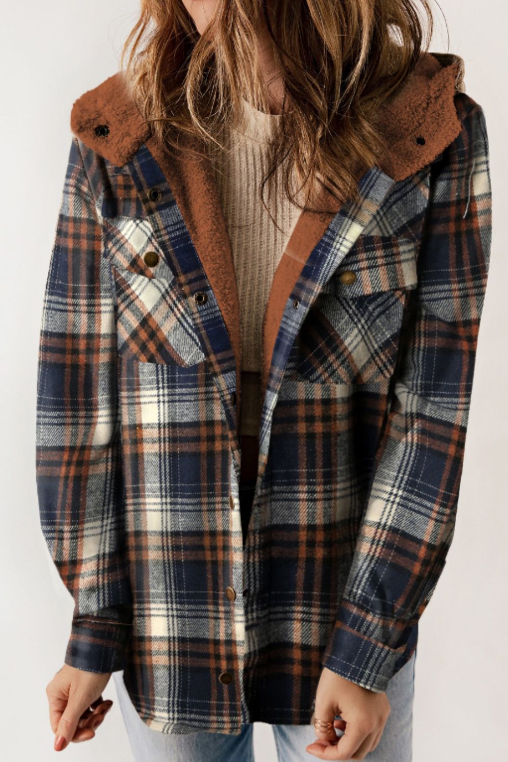 Plaid Button Up Long Sleeve Hooded Jacket