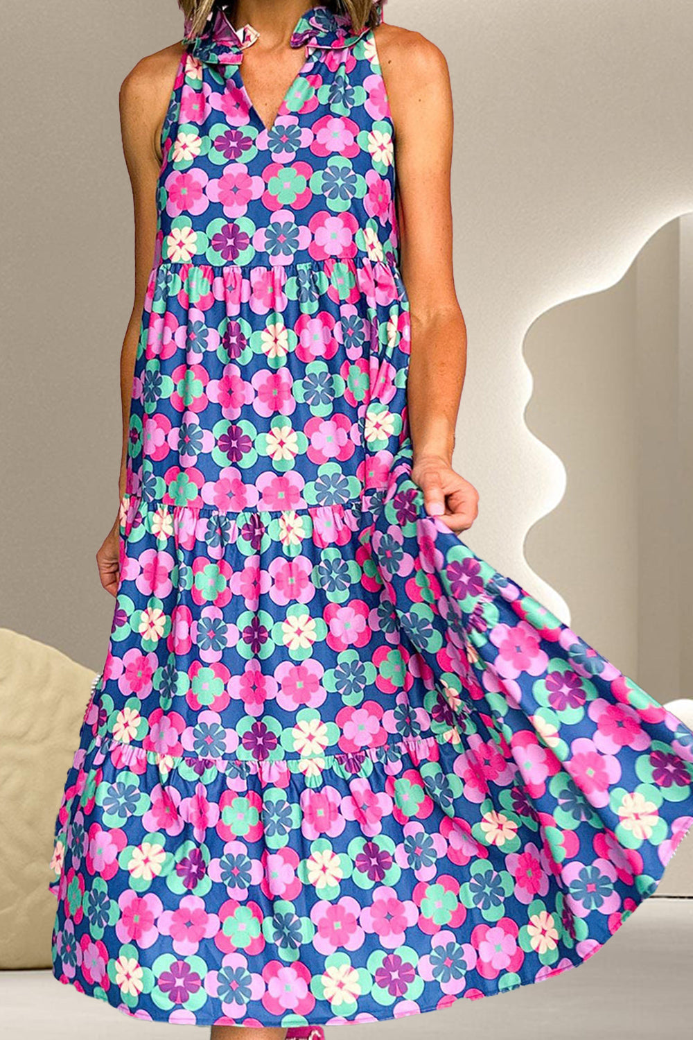 Printed Notched Sleeveless Midi Dress