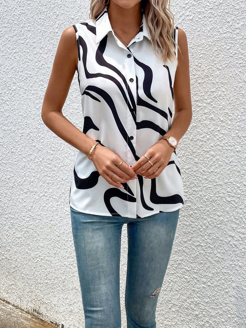 Button Up Printed Collared Neck Top