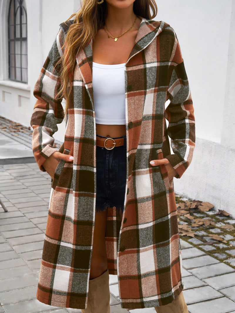 Devine Plaid Long Sleeve Hooded Coat