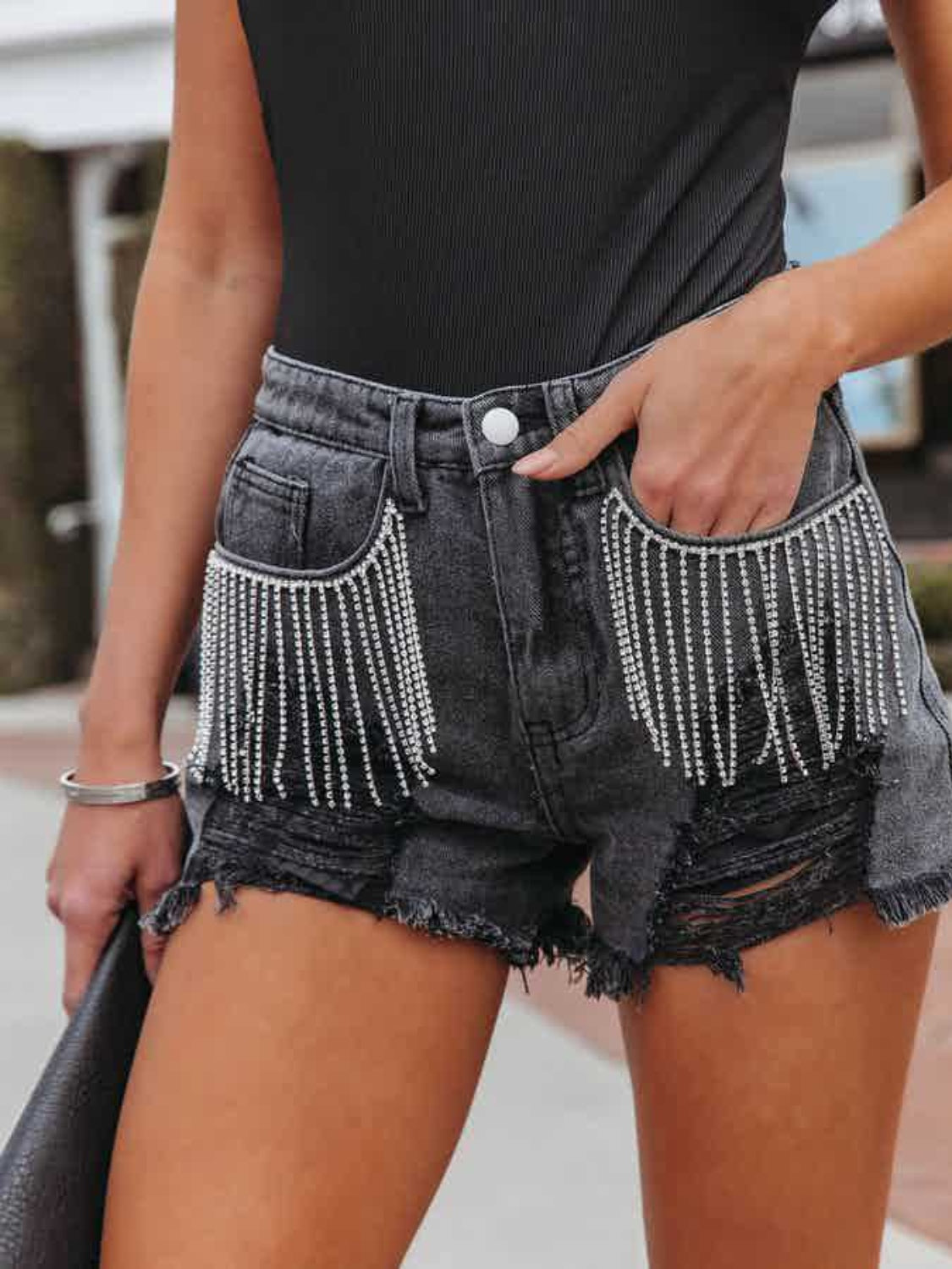 Distressed Fringe Denim Shorts with Pockets – Blue Hawthorn