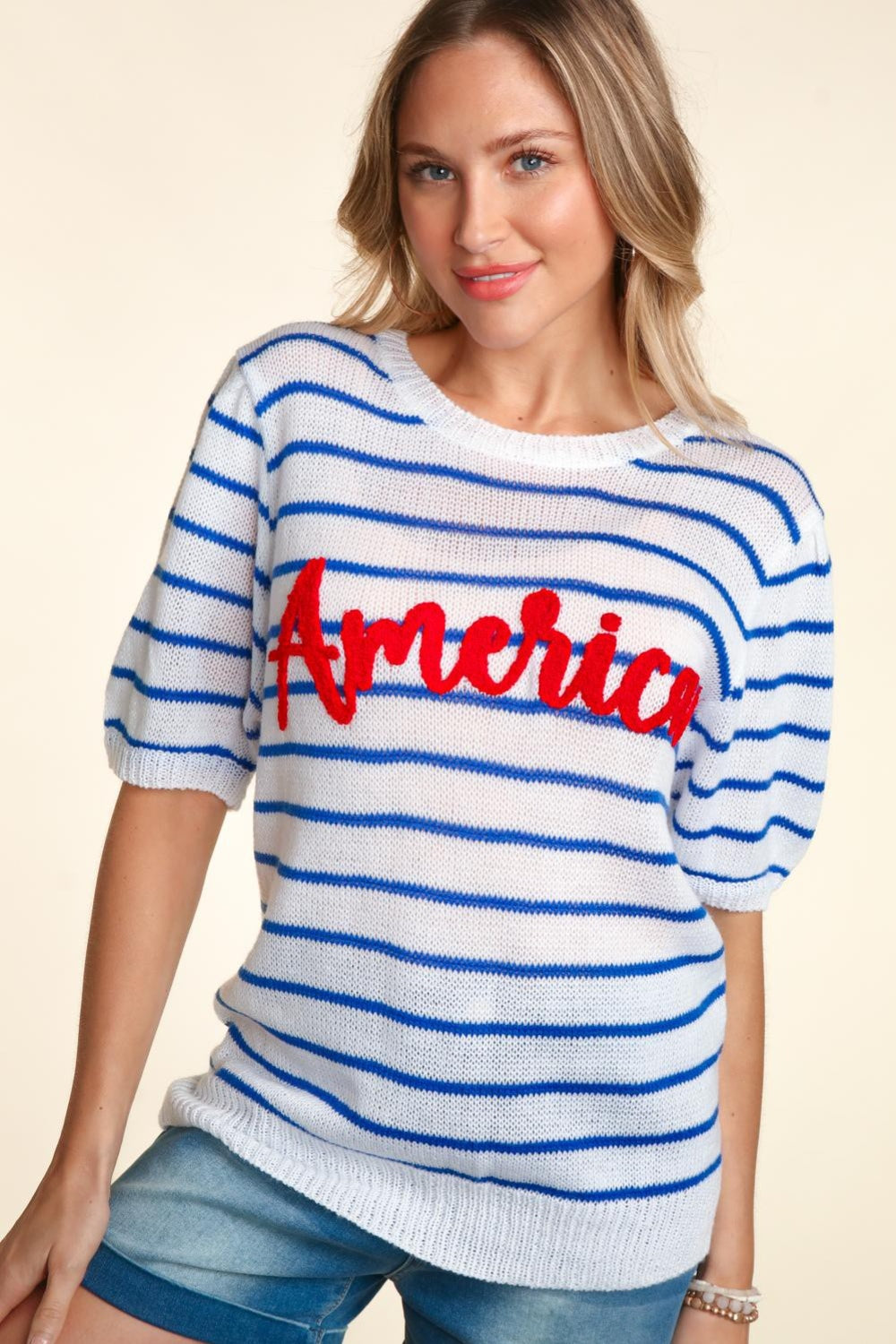 Haptics America Letter Embroidery Striped Knit Top