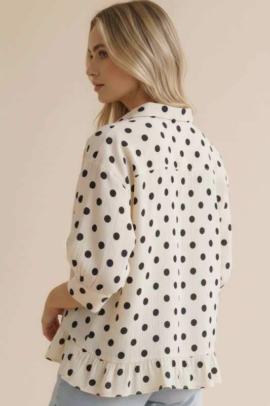 Plus Collared Button Down Peplum Polka Dot Print