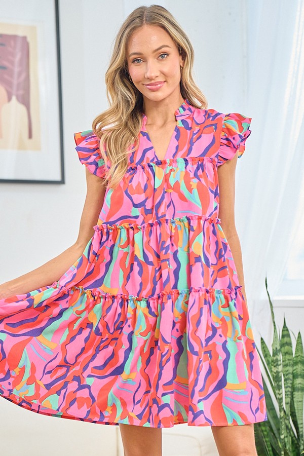 First Love Full Size Printed Ruffle Cap Sleeve Tiered Dress