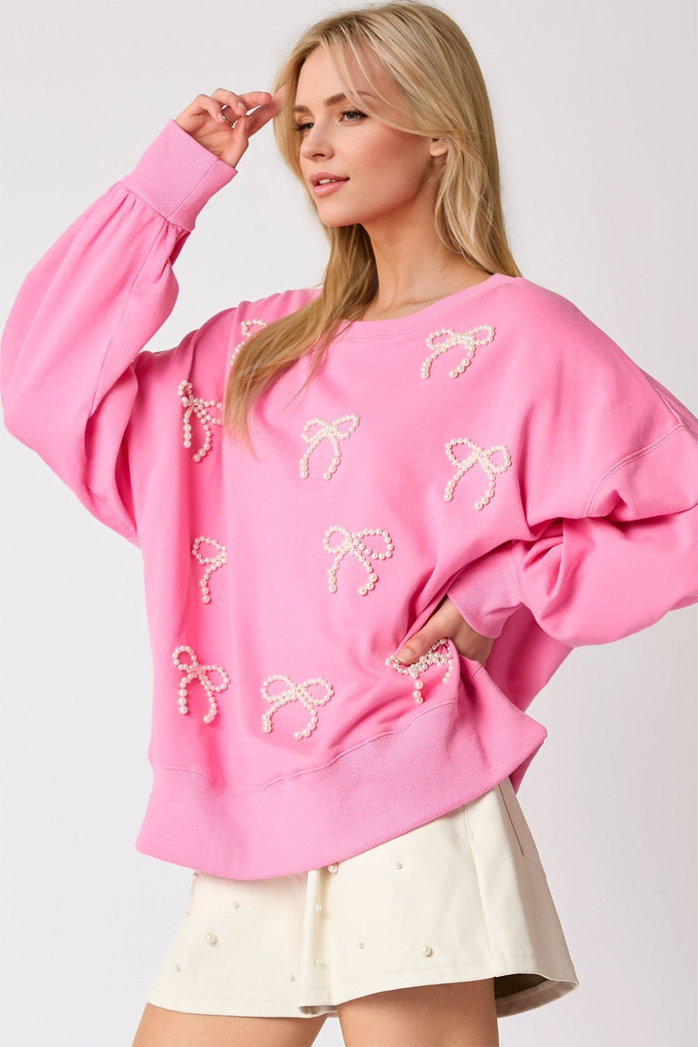 Pearl Bow Round Neck Dropped Shoulder Sweatshirt