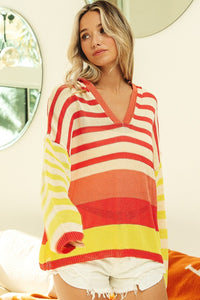 BiBi Striped Color Block Hooded Knit Top