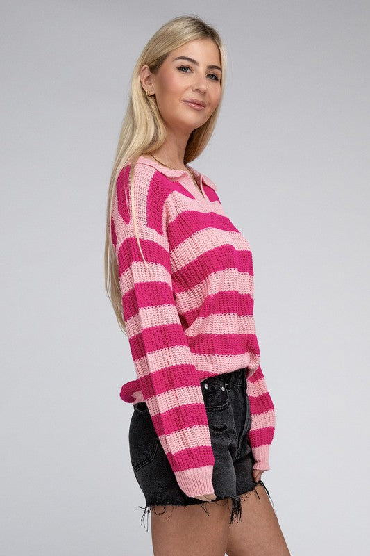 Striped Knit Collared Pullover Sweater