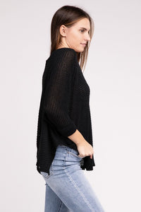 3/4 Sleeve V-Neck Hi-Low Hem Jacquard Sweater