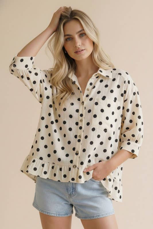 Plus Collared Button Down Peplum Polka Dot Print