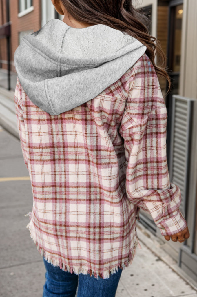 Plaid Raw Hem Drawstring Hooded Jacket