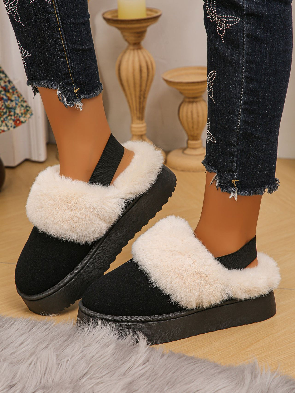 Faux Fur Round Toe Platform Slippers