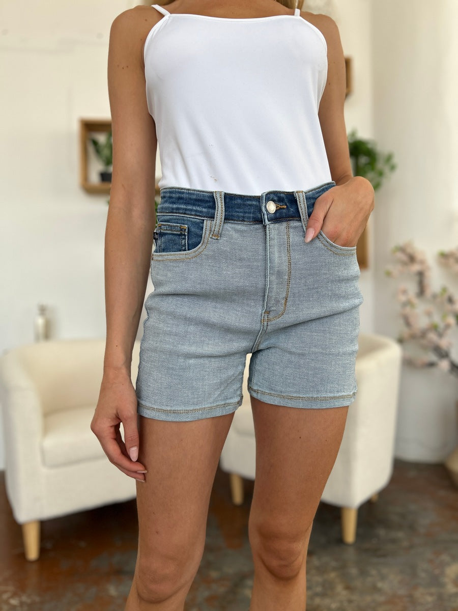 Judy Blue Full Size Color Block Denim Shorts Blue Hawthorn Boutique