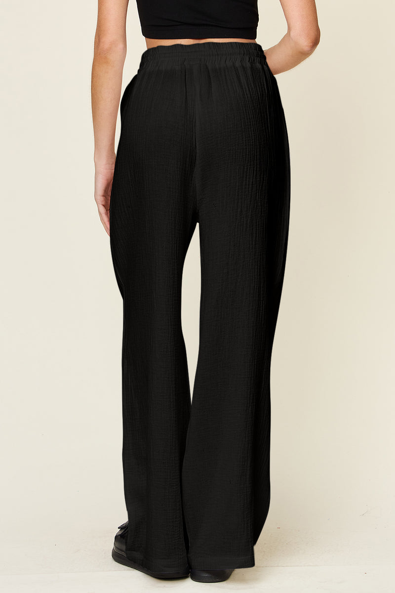 Double Take Full Size Texture Drawstring Wide Leg Pants