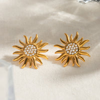 Stainless Steel Inlaid Rhinestone Sun Shape Stud Earrings