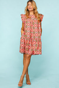 Haptics Full Size Ruffled Printed Dress with Side Pockets