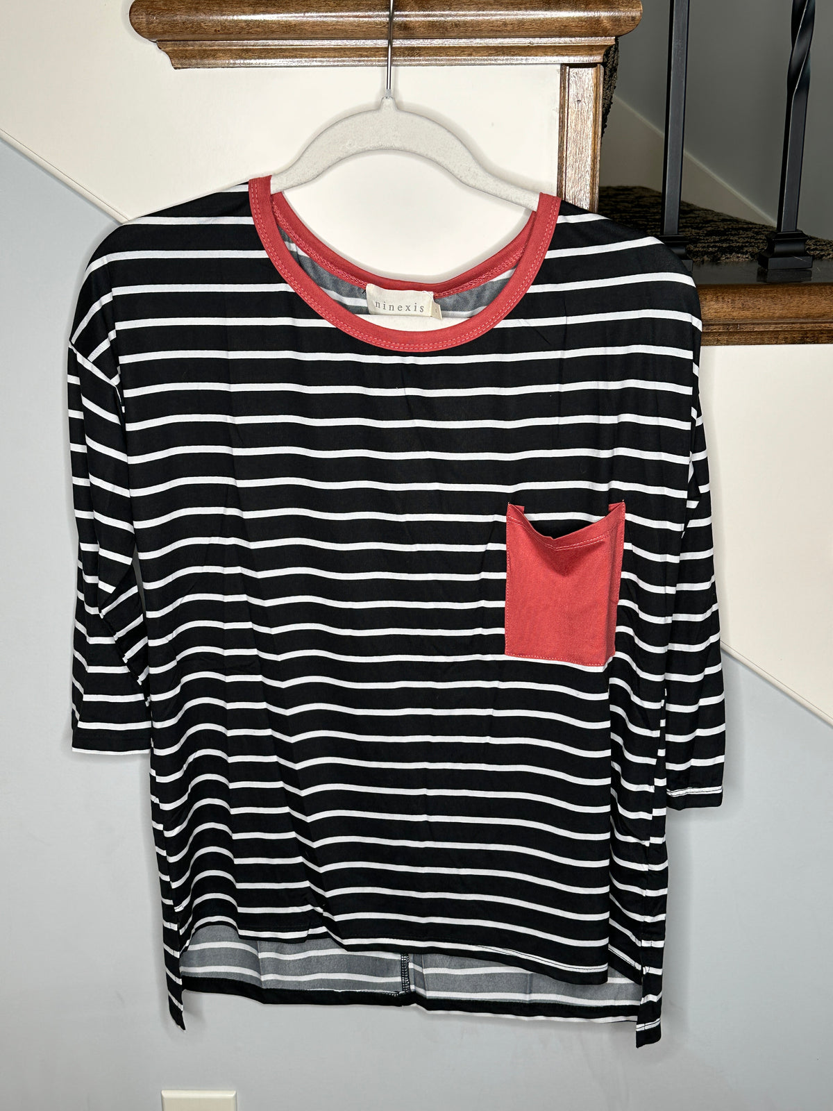 Navy and White Stripe Shirt with Coral Pocket
