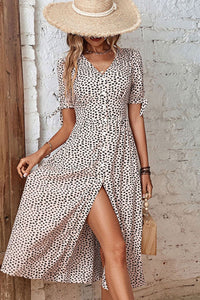 Animal Print Button Front V-Neck Tied Dress