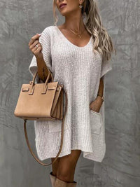 V-Neck Short Sleeve Sweater with Pockets