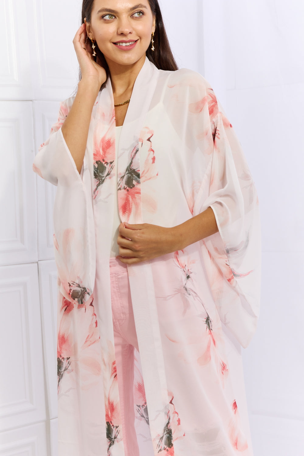 Pink floral outlet kimono cardigan