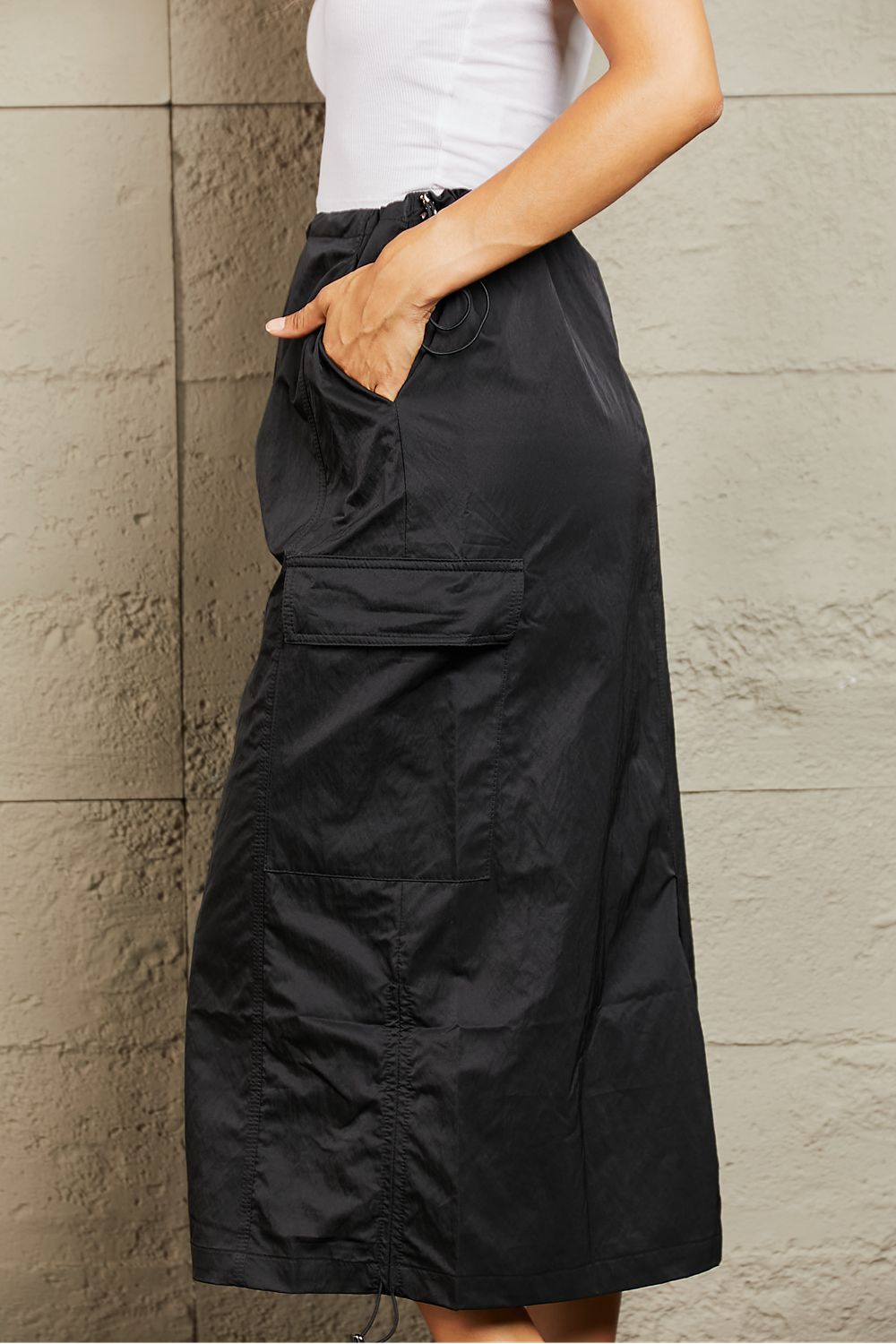 HYFVE Just In Time High Waisted Cargo Midi Skirt in Black