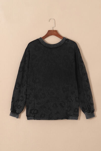 Leopard Round Neck Dropped Shoulder Sweatshirt