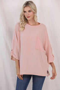 Round Neck Slit Roll-Tab Sleeve Oversize Top