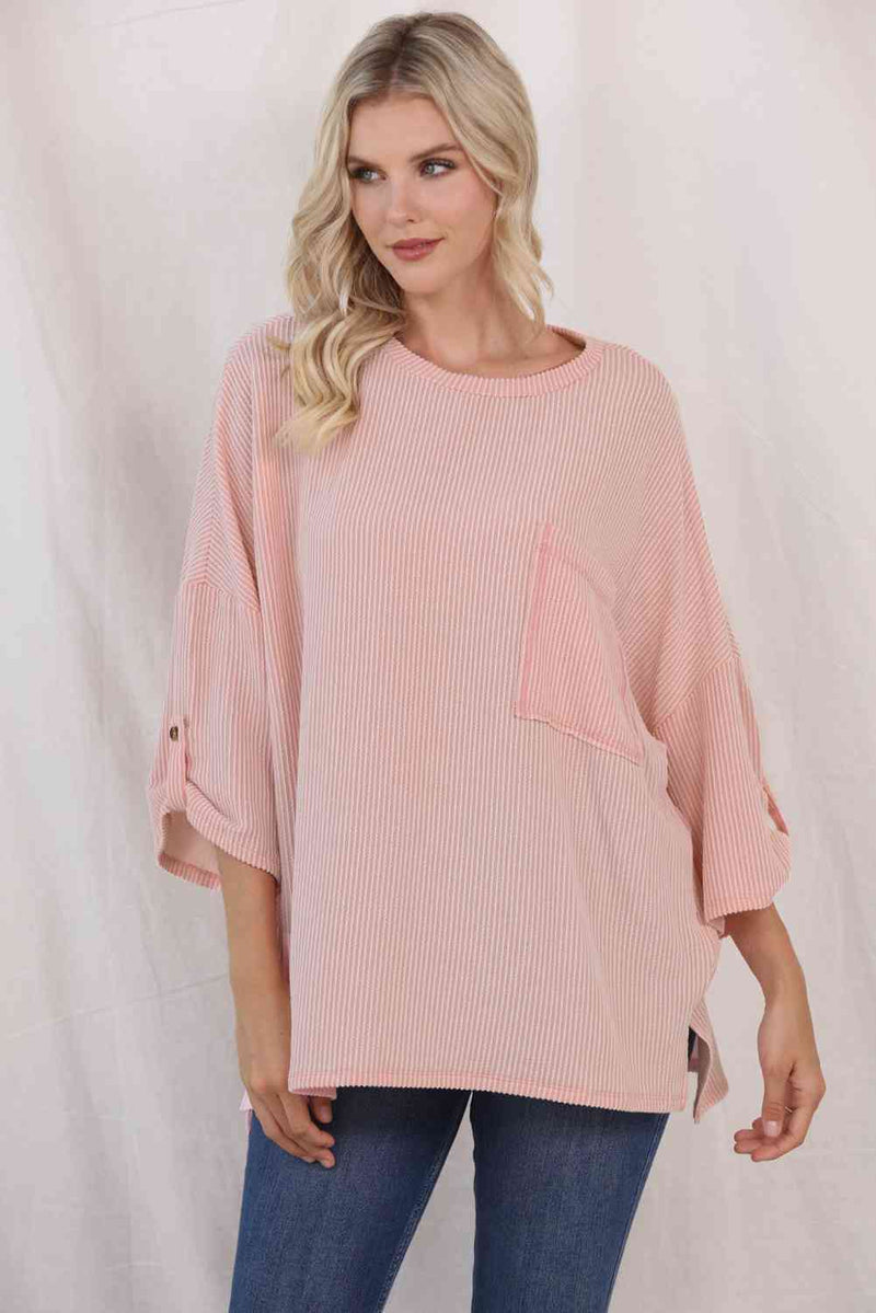 Round Neck Slit Roll-Tab Sleeve Oversize Top